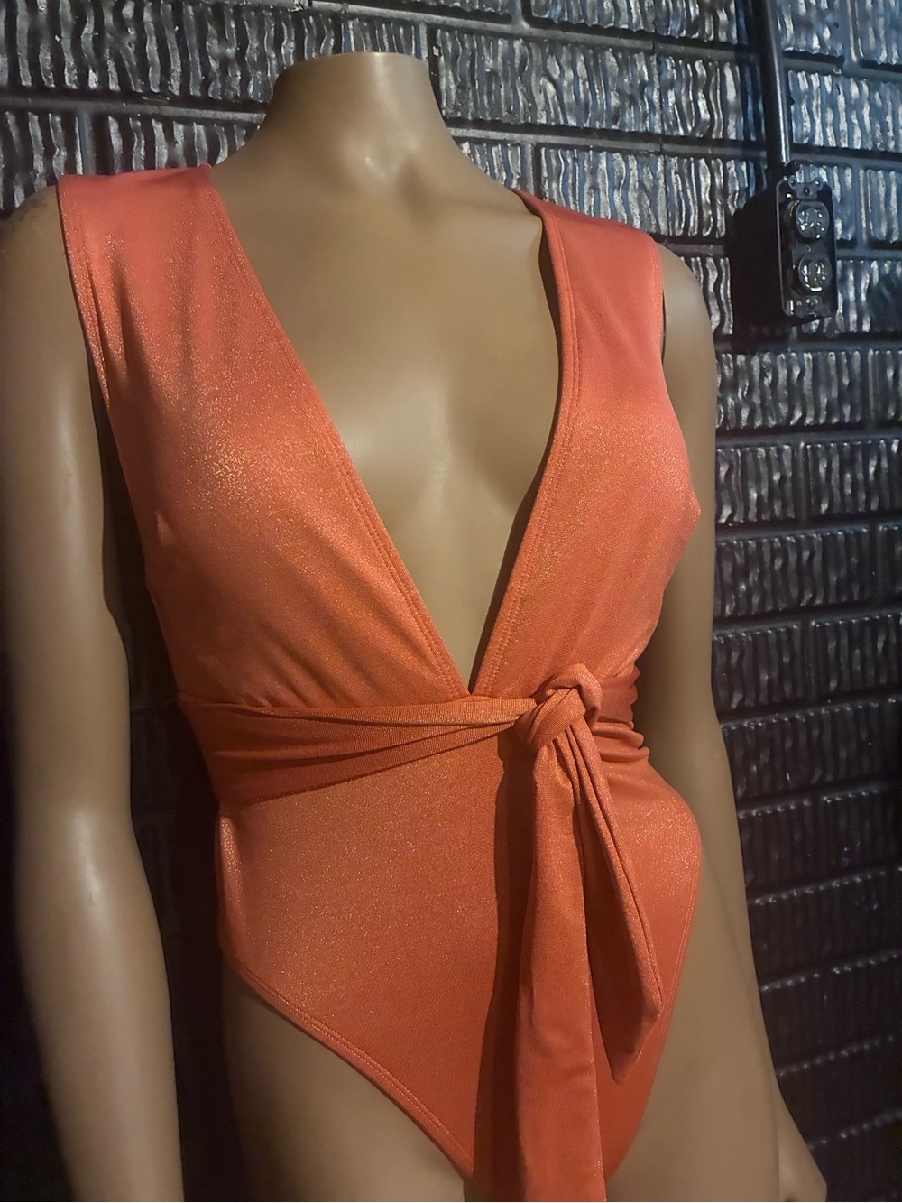 Shimmering Rust Orange Knot-Front One-Piece - Picture 3 of 4